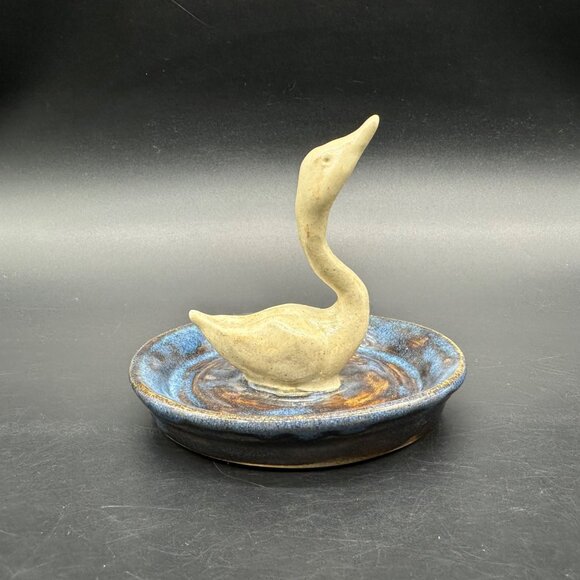 Art Pottery Swan Ring Dish Trinket Holder Bird Figurine Jewelry Blue Signed - Picture 4 of 10